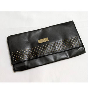 BCBG Black Faux Leather Medium Size Clutch Purse Envelope Wallet gold tone Studs